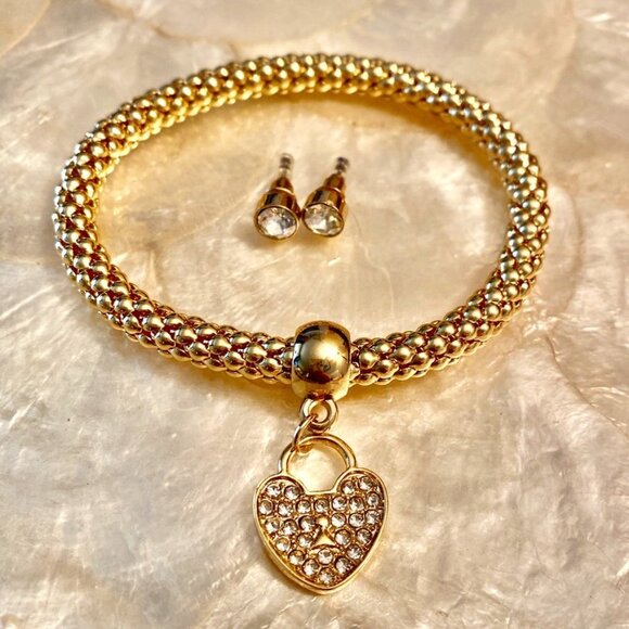 3 For $25! Gold  Tone Rhinestone Heart Bracelet w Rhinestone Stud Earrings - Picture 1 of 2